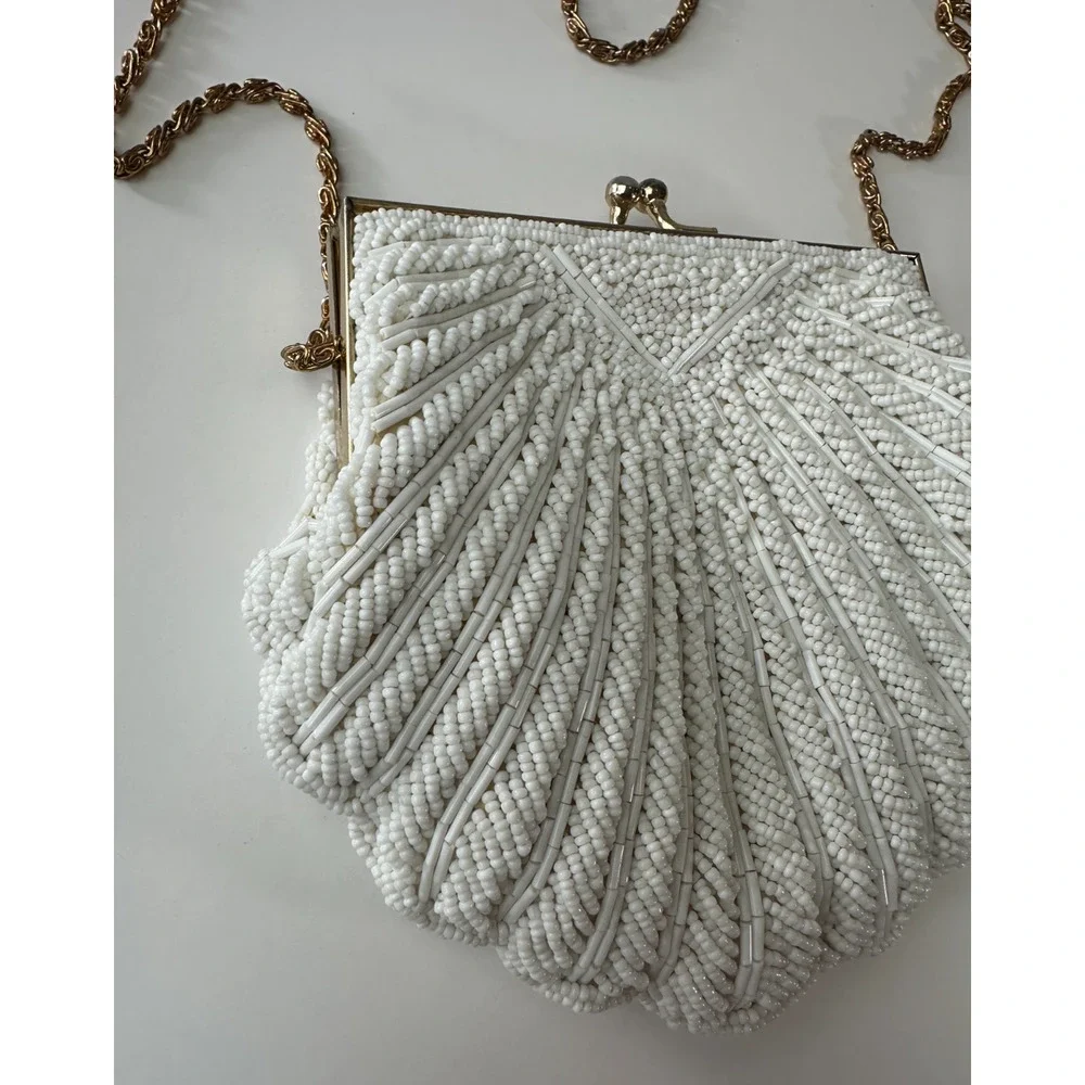 Vintage Walborg Mini Beaded Satin Clamshell Gatsby Purse Gold Color Chain Strap - Picture 4 of 13